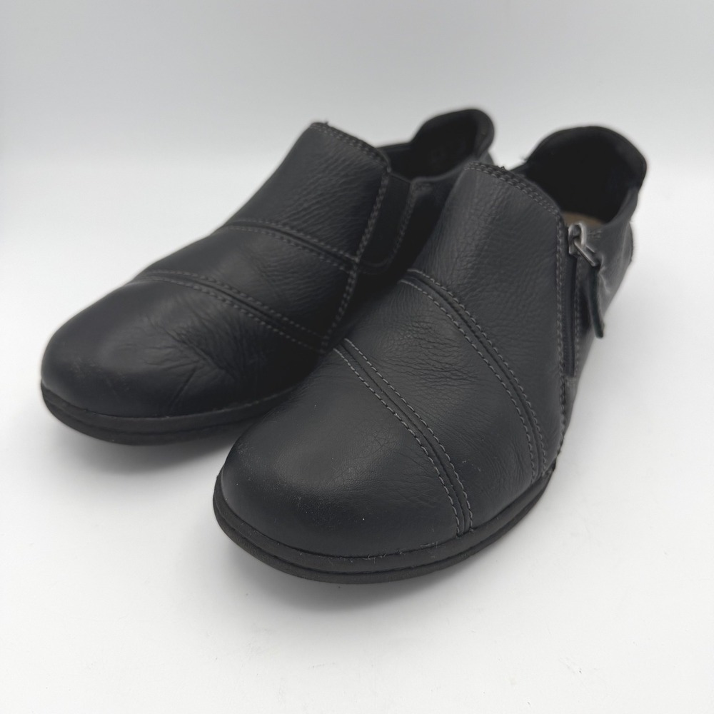 Clarks Collection Womens 9.5 Loafers Shoes Black Leather Slip On Side Zipper